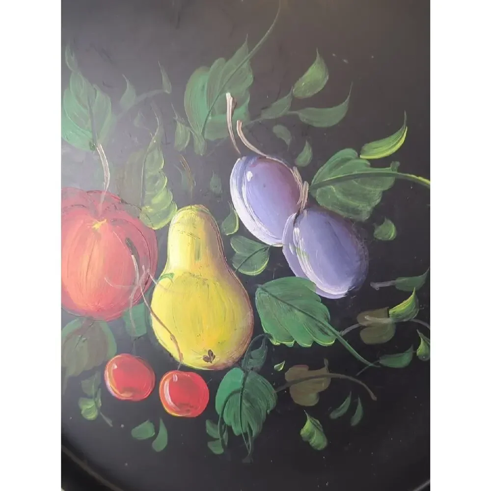 Vintage Handpainted Tole Style   Black Lacquer Metal Serving Tray Wall Decor